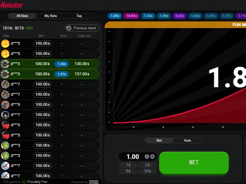 Tela completa do jogo Aviator com painel de apostas e lista de jogadores